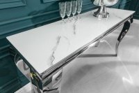 Console design baroque de 140cm coloris marbre argenté en verre trempé et acier inoxydable