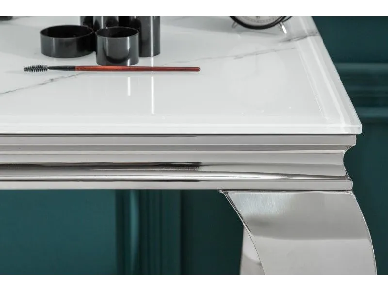 Console design baroque de 140cm coloris marbre argenté en verre trempé et acier inoxydable