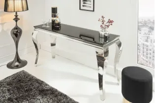 Console design baroque de 140cm coloris noir en verre trempé et acier inoxydable