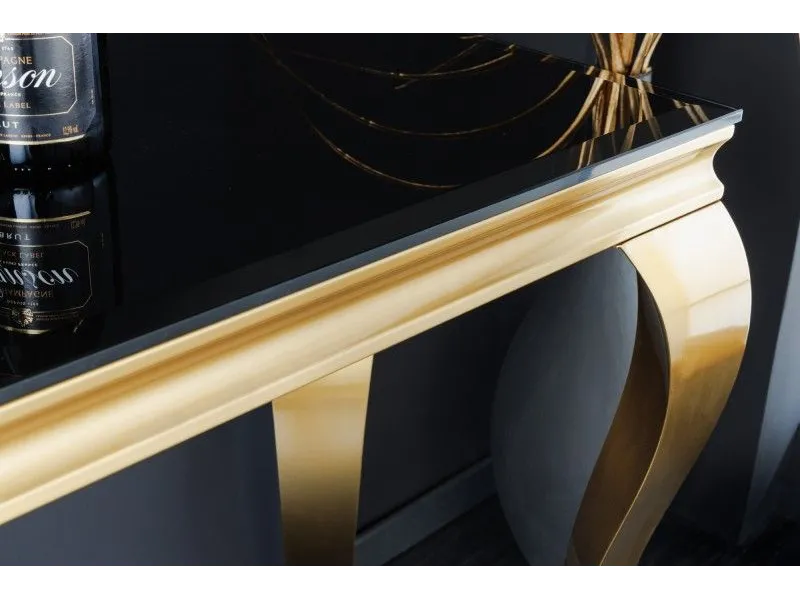 Console design baroque de 140cm coloris noir en verre trempé et piètement doré