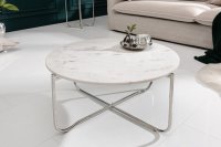 Table basse design en marbre coloris blanc avec piétement en métal argenté