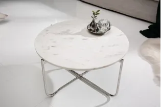 Table basse design en marbre coloris blanc avec piétement en métal argenté 2