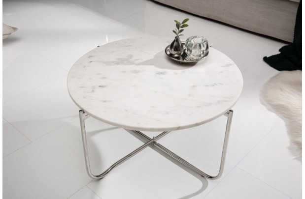 Table basse design en marbre coloris blanc avec piétement en métal argenté