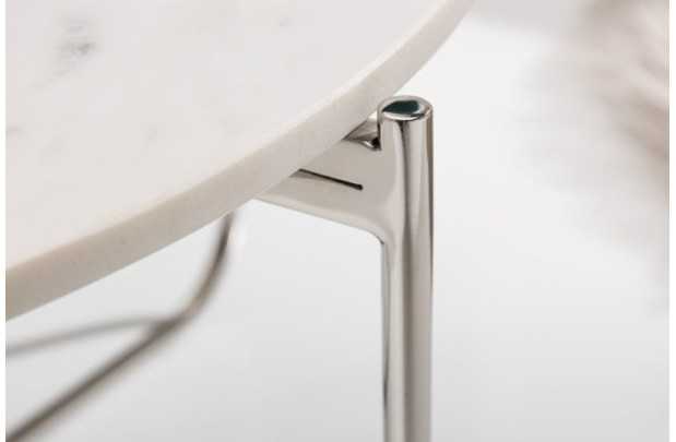 Table basse design en marbre coloris blanc avec piétement en métal argenté