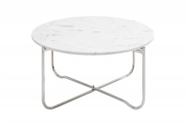 Table basse design en marbre coloris blanc avec piétement en métal argenté